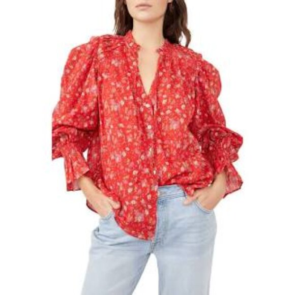 Free People Tops - Free People Red Meant To Be Floral Puff Sleeve Blouse Large EUC